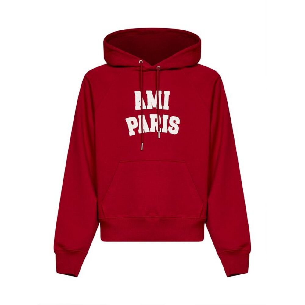 Ami Paris Men Red Loopback Cotton Hoodie With Ami Paris Embroidery